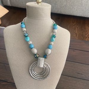 Silver with blue and green beads necklace